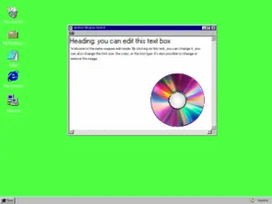 Customizable Windows 95 theme with movable icons, adjustable text labels, and personalized background options.